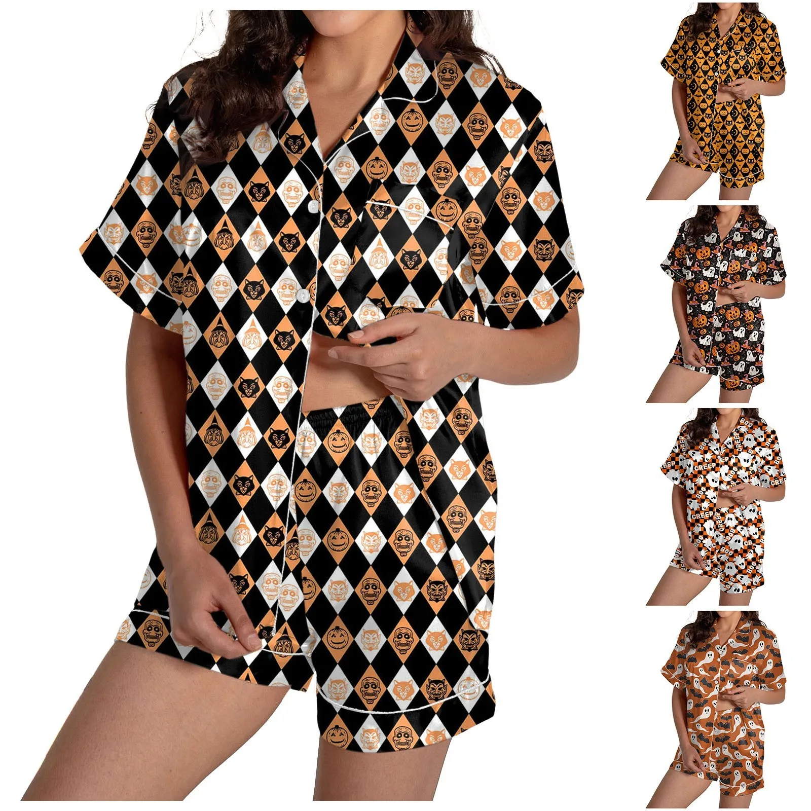 

Halloween Pajamas Set 2025 New Womens Silk Satin Graphic Sleepwear Suit 2-Piece Button Loose Tops And Shorts Pajama Nightgowns