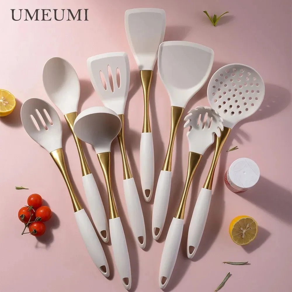 UMEUMI Cooking Spatula 8 Pcs Golden White Silicone kitchenware Utensils Cooking Set Soup Spoon Frying Pan Spatula Universal Tool