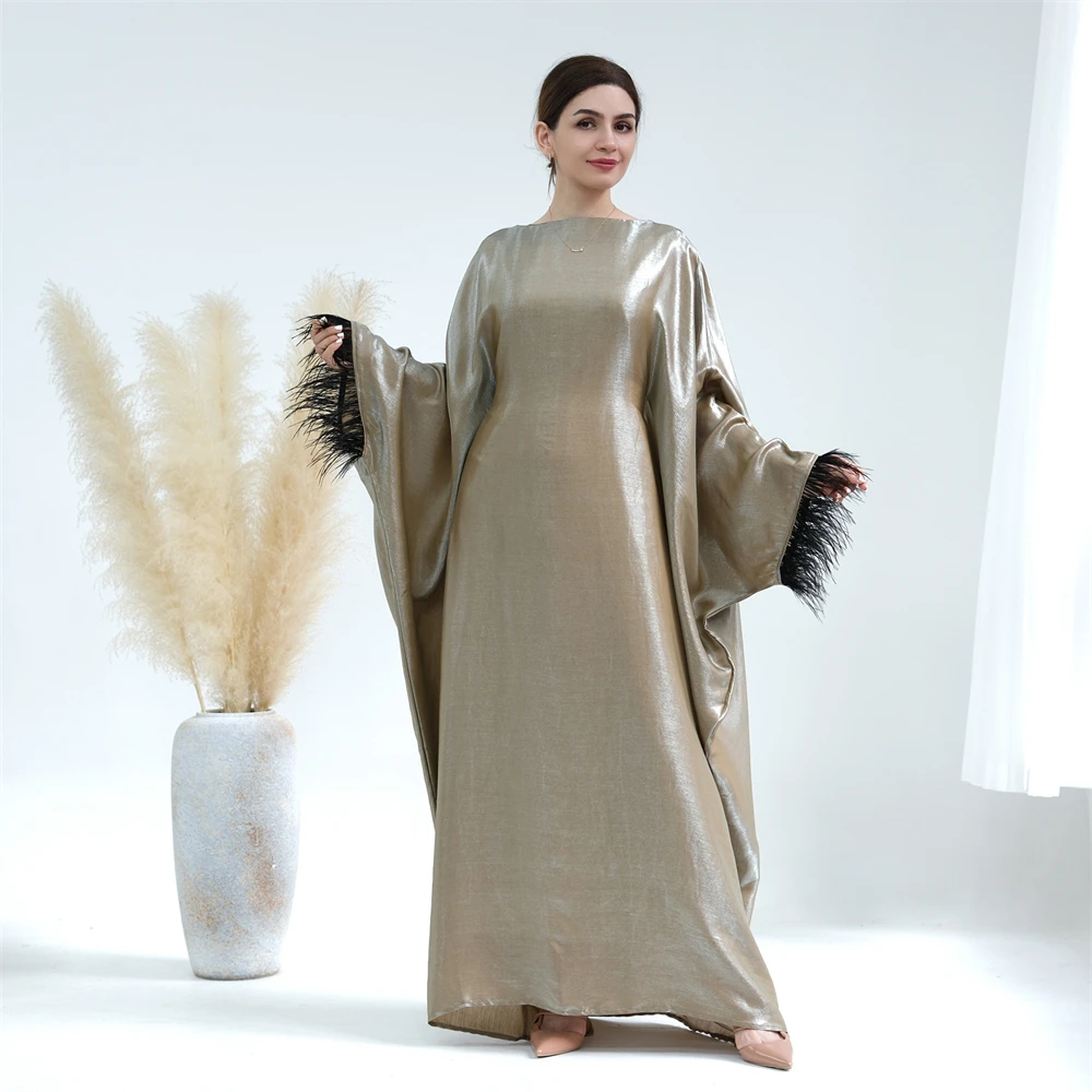 

Eid Muslim Women Maxi Dress Feather Abayas Modest Abaya Dubai Turkey Robe Islamic Clothing Ramadan Jalabiya Marocain Caftan Gown