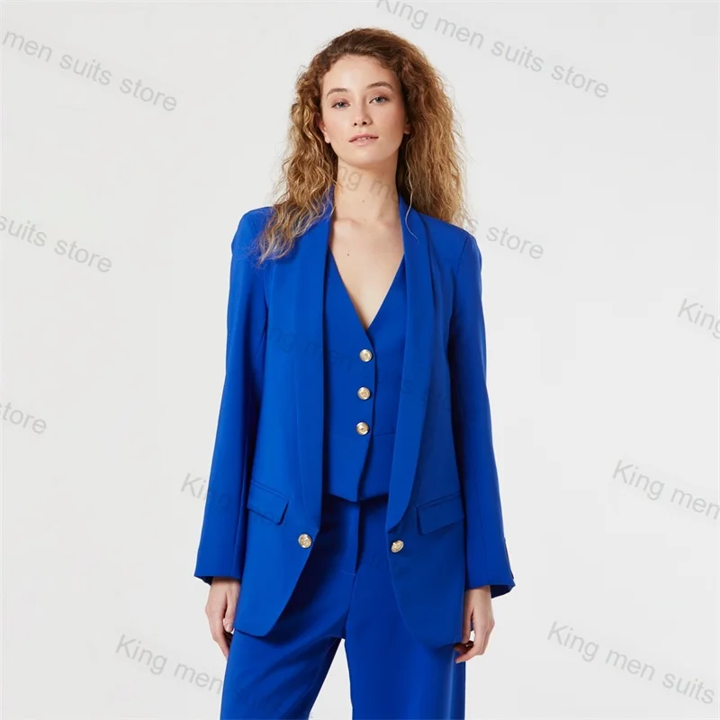 Conjunto feminino de calças formais de 3 peças, blazer e calças com colete, vestido de baile formal, jaqueta para senhora do escritório, smoking personalizado, azul royal