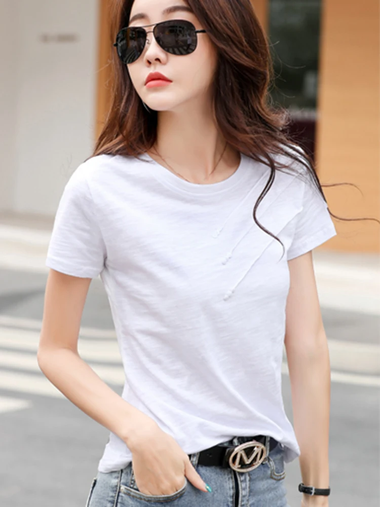 Summer Women Tee-Shirts Button Ribbed Cotton Top Loose Fashion T-shirts Women Streetwear 2024 Short Sleeve O-Neck Korean Tops