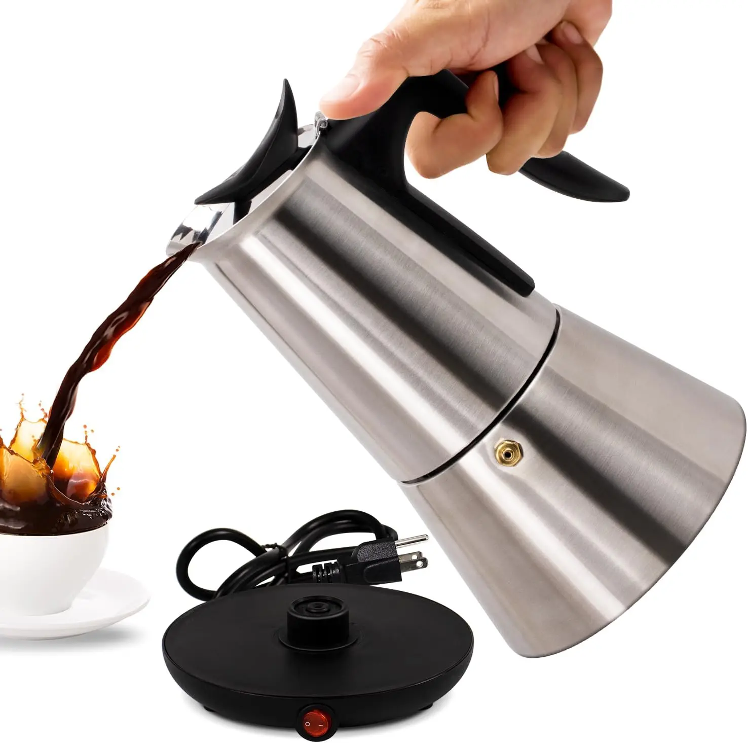 

Electric Stainless Steel Moka Pot 6 Cup 300ml Espresso Maker with Detachable Base for Home Coffee