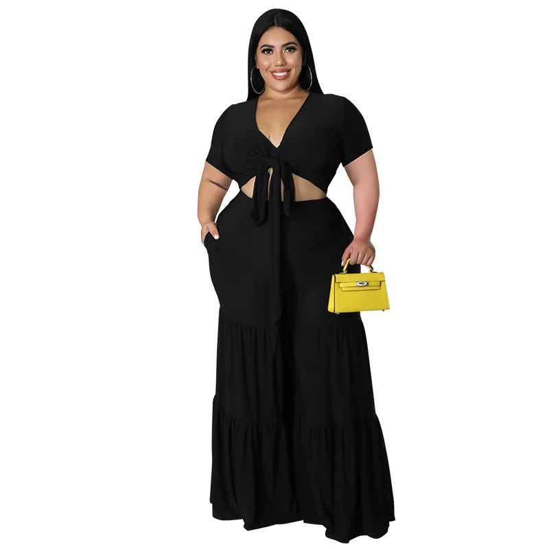 Summer Women Two Pieces Set Wide Leg Pants Outfits Short Sleeves V Neck Lace-up T Shirt Loose Trousers Outfits 5XL