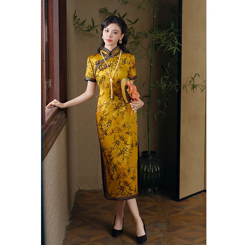 Yellow Golden Bamboo High Sense Silk Cheongsam Women's Large Size Heavy Industry New Improved Cheongsam Dress