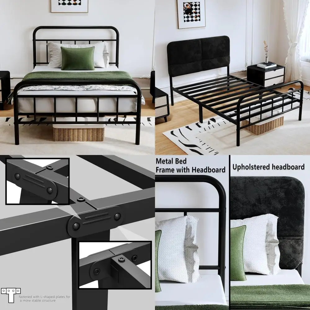 

Прочная металлическая двуспальная кровать 14 дюймов с мягким изголовьем, не требует пружинного блока, простая сборка, черная