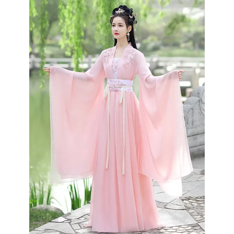 

Chinese Hanfu Women Ancient Traditional Embroidered Hanfu Sets Carnival Fairy Cosplay Costume Wei-Jin period pink Dance Dress