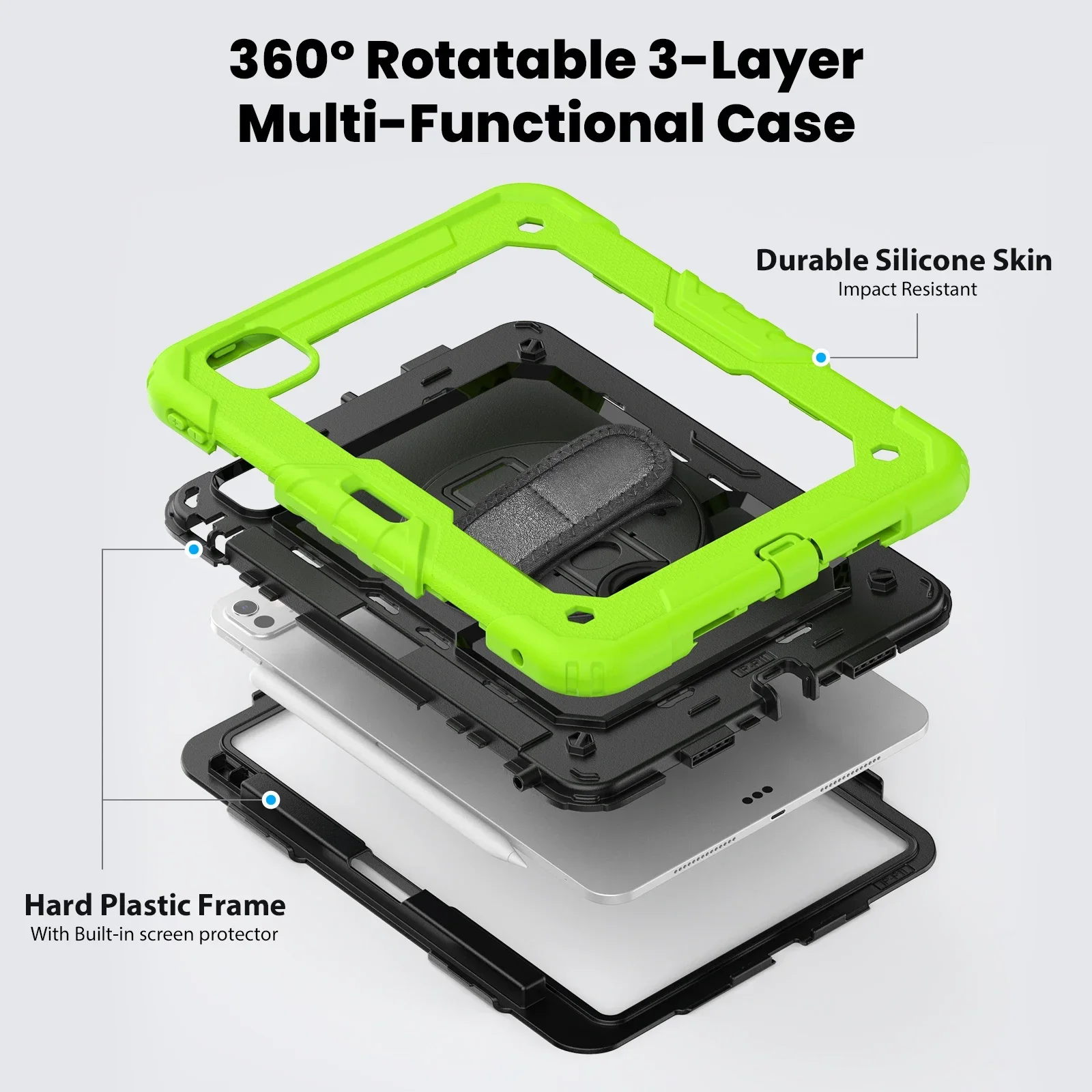 Tablet Case for IPad Pro 11 M4 2024 A2837 A3006 M5 2025 3-Layer Shockproof Cover with Built-in Screen Protector Straps Pen Slot