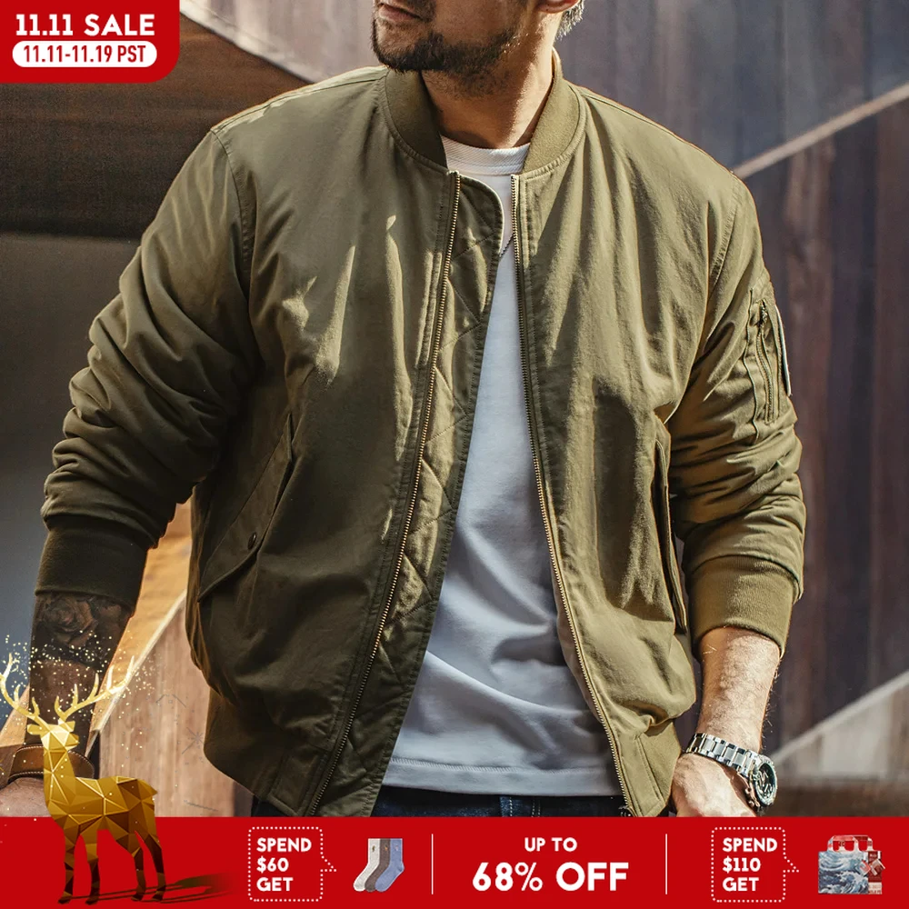 

Maden Reversible MA-1 Flight Jackets for Men Baseball Collar Small Square Texture Fall and Winter Thickened Coats Cotton Jacket