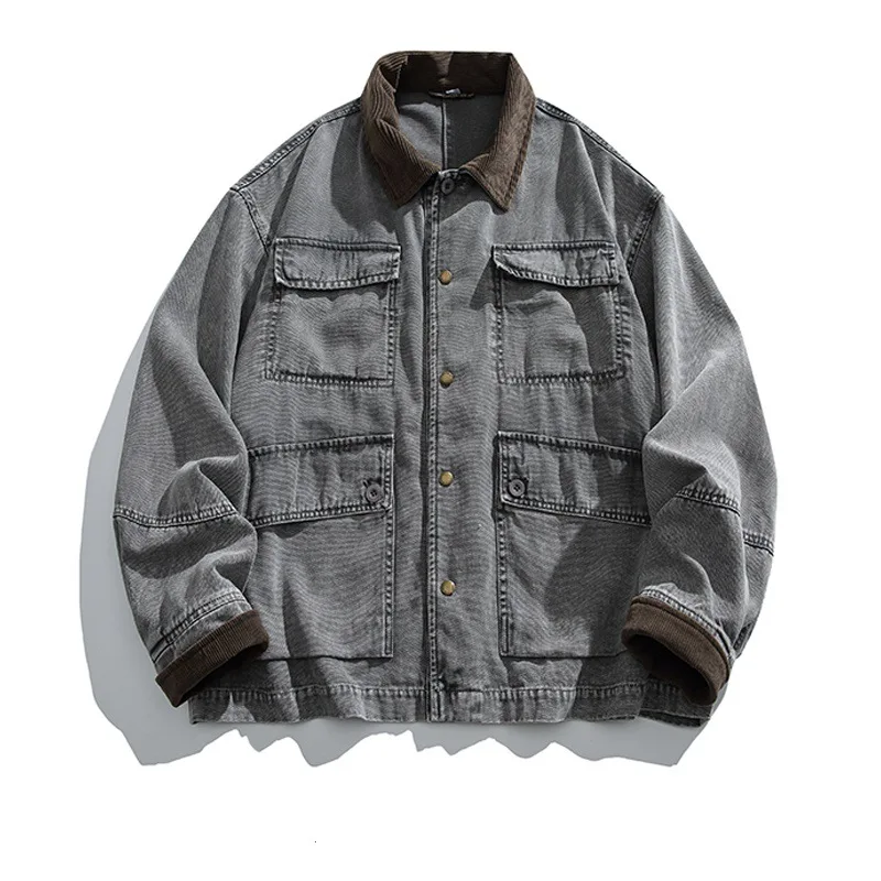

25SS American Retro Heavyweight Washed Denim Jacket Multi-Pocket Workwear Coat with Contrast Collar Oversized Utility Streetwear