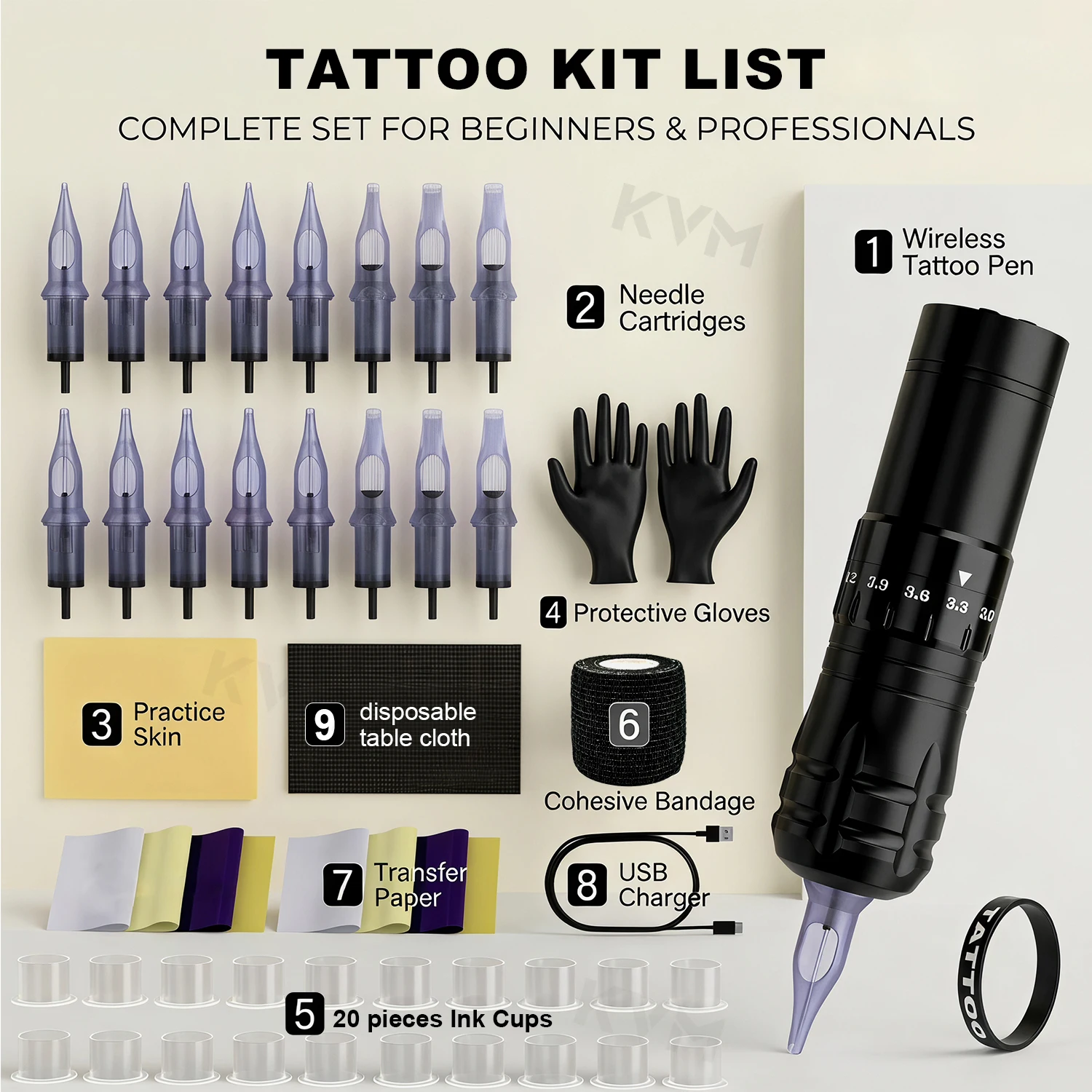Adjustable Stroke Wireless Rotary Tattoo Pen Kit Complete Tattoo Supplies Set Cartridge Needles Ink Cups Practice Skin Grip Tape
