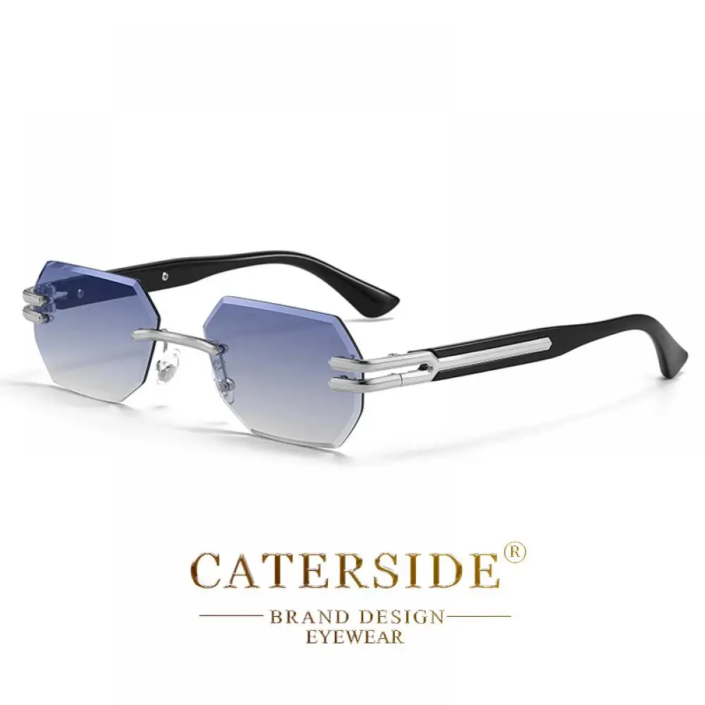 CATERSIDE Neue rahmenlose Sonnenbrille für Herren, modische polygonale Spiegellinsen mit Farbverlauf, Metallrahmen, Damen-Party-Sonnenbrille für den Außenbereich – Detail 27