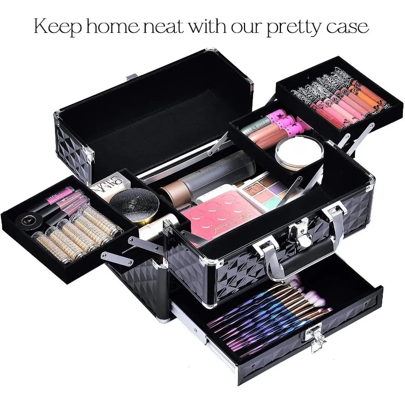 Makeup Train Cases Professional Travel Makeup Cosmetic Cases Organizer Portable Box with Drawer Black