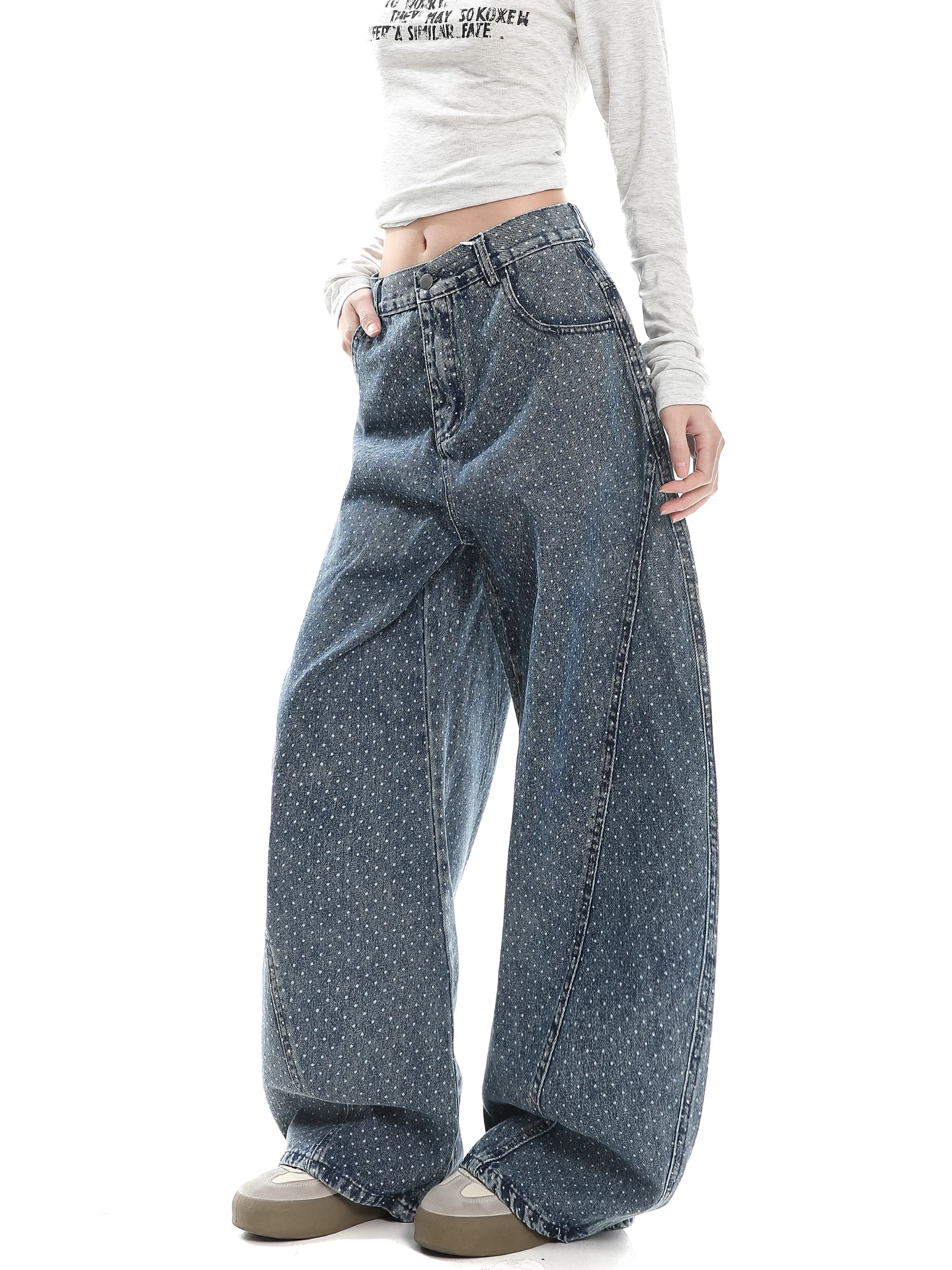 Retro American Washed Polka Dot Embroidered Loose Casual Women's Jeans Spring Autumn New Style Wide Leg Long Pants Trendy Brand