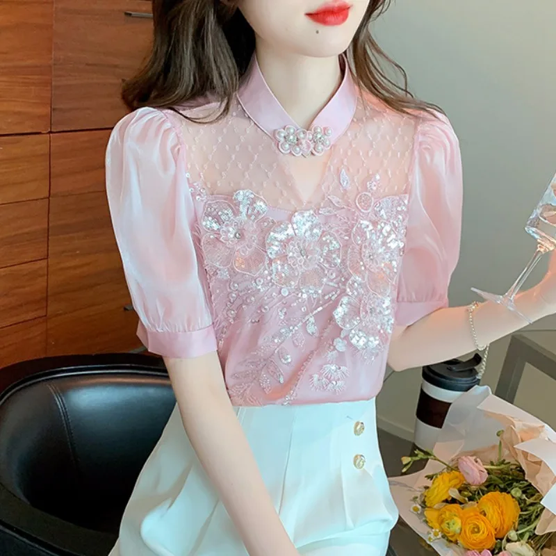 Summer Short Sleeve Chiffon Shirt Women's 2025 New French Style Top Unique Chic Shirt Vintage Bubble Sleeve Blouses