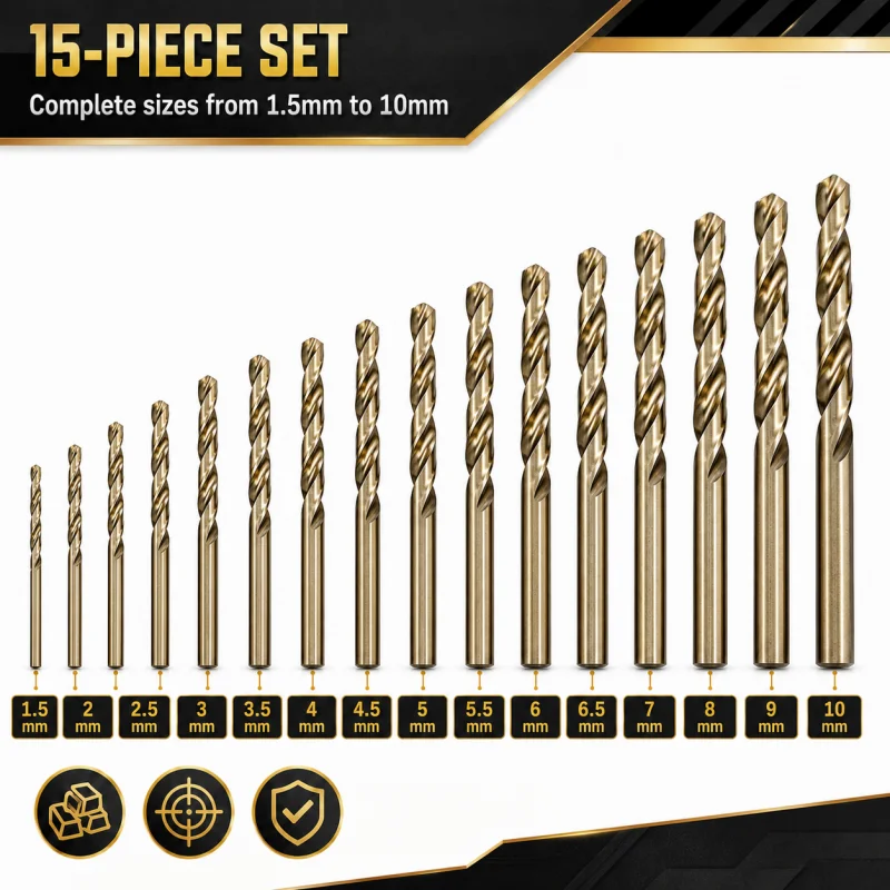 15Pcs Titanium HSS Twist Drill Bit Set 1.5-10mm Straight Shank Drill Bits for Metal Wood Plastic Precision Drilling