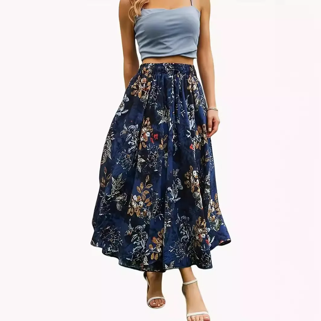 

2025 Women's Skirt Floral Print Elastic Waist Pocket Fashion Pastoral Casual Simple Vacation Long Skirt