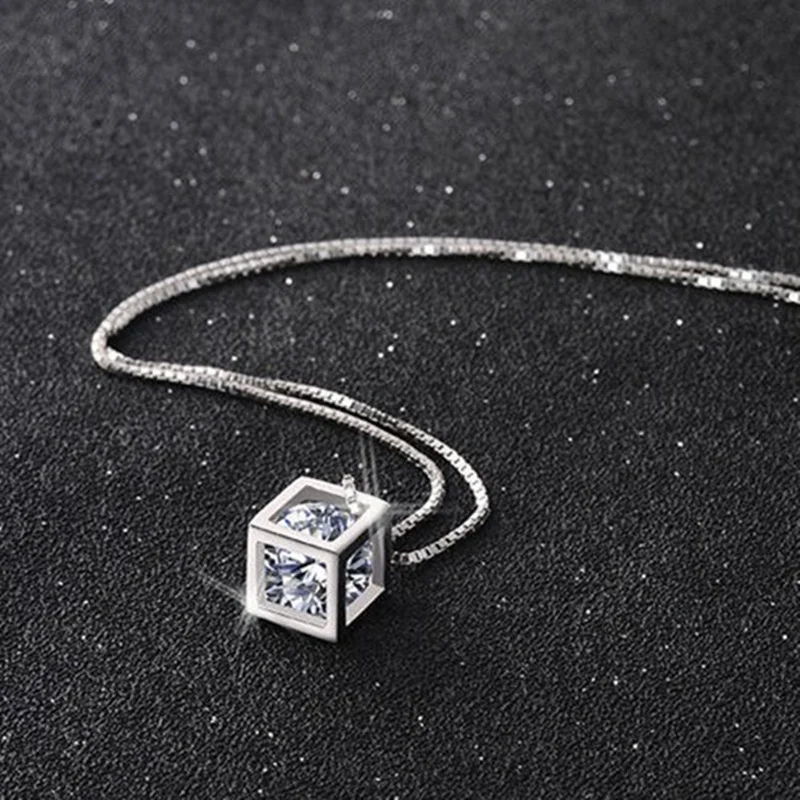 

European and American Fashion Personality Noble Jewelry Christmas Gift Cube Box Zircon Crystal Women's 925 Silver Necklace