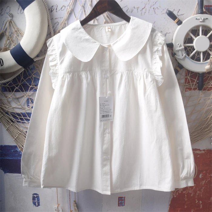 Japanese Sle Loose Cotton Long Sve Embroidered Flower Doll Collar irt Fre Soft Girl Forest Girl Wind Top for Girls