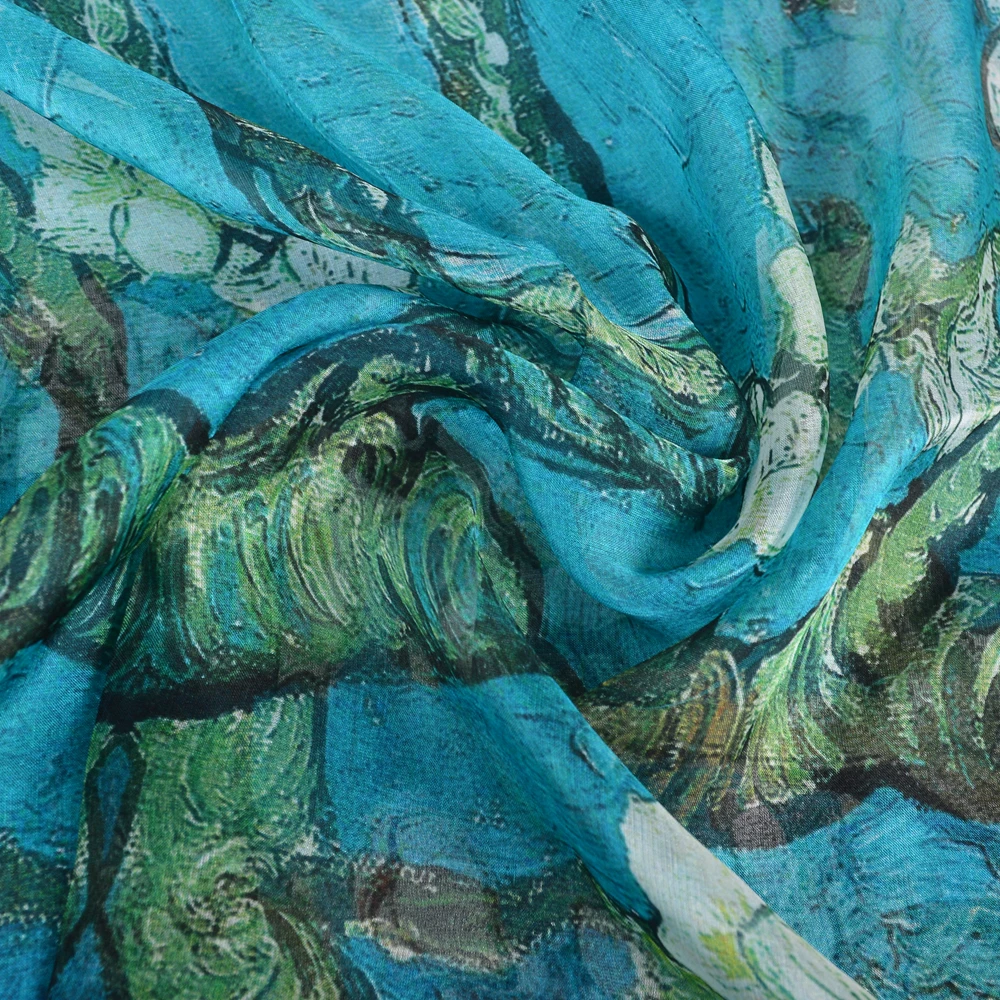 [BYSIFA] Spring Autumn New Lake Blue Women 100% Silk Scarf Summer Floral Chiffon Long Scarves Beach Shawl 180*110cm Echarpes