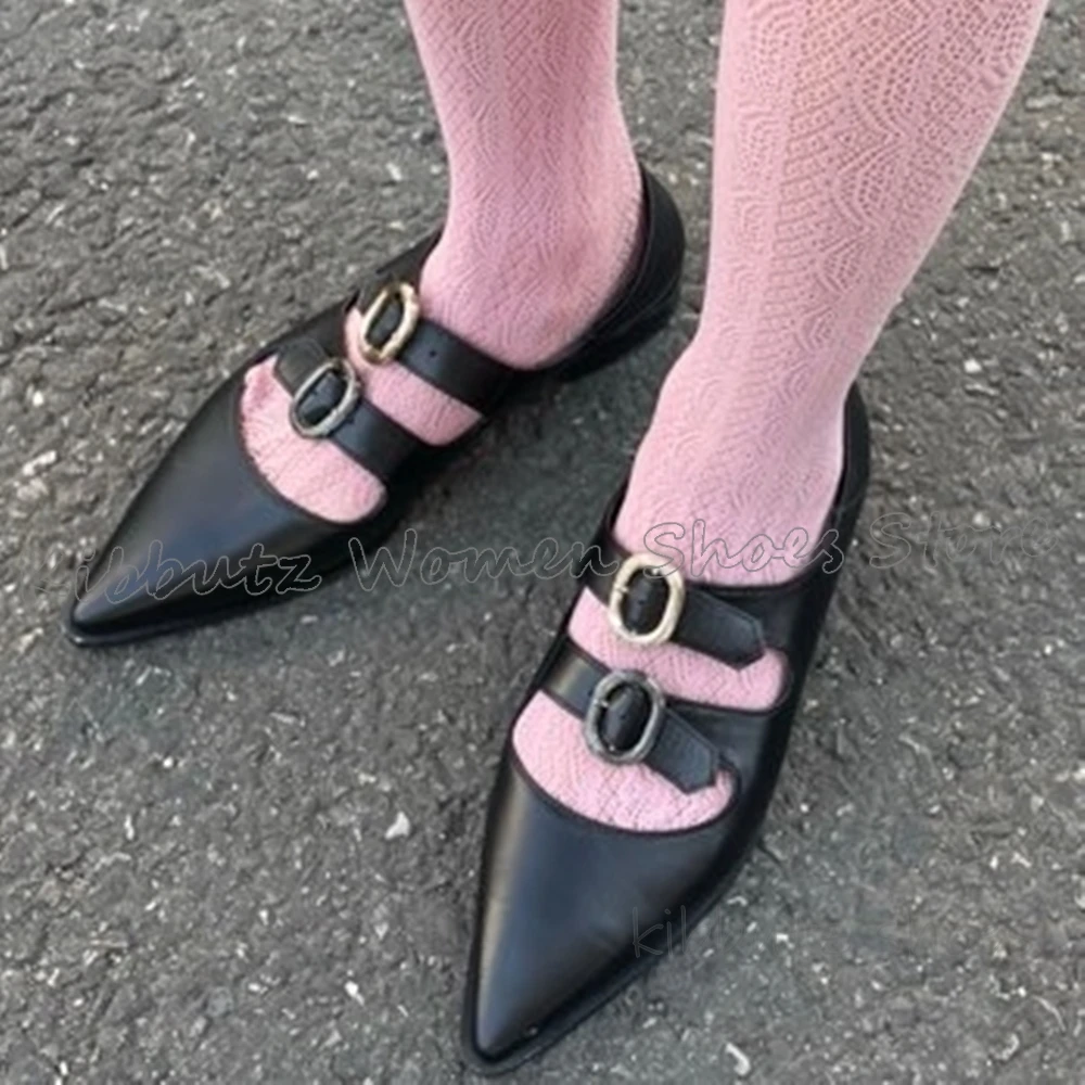 

Belt Buckle Pump Leather Solid Color Fashion Luxury Elegant Concise Novelty Solid Color Slip-On Pointy Flat with Women Shoes New