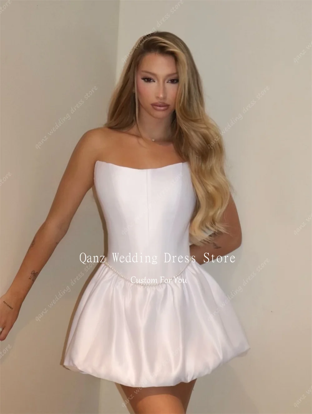 Qanz White Soft Satin Wedding Dress Mini A Line Strapless Pearls Short Puffy Vestido De Novia Boda Bridal Gowns Customized