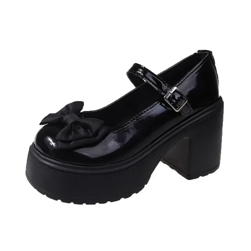 White Round Toe Platform High Heels Women Mary Jane Shoes Retro Bows Elegant Chunky Heel Women\'s Wedding Shoes