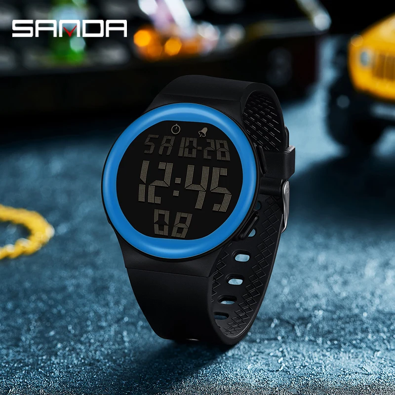 SANDA New Trendy Fashion Men\'s Electron Watch Silicone Strap Big Screen LED Digital Water Resistant Alarm Clock Sports Stopwatch