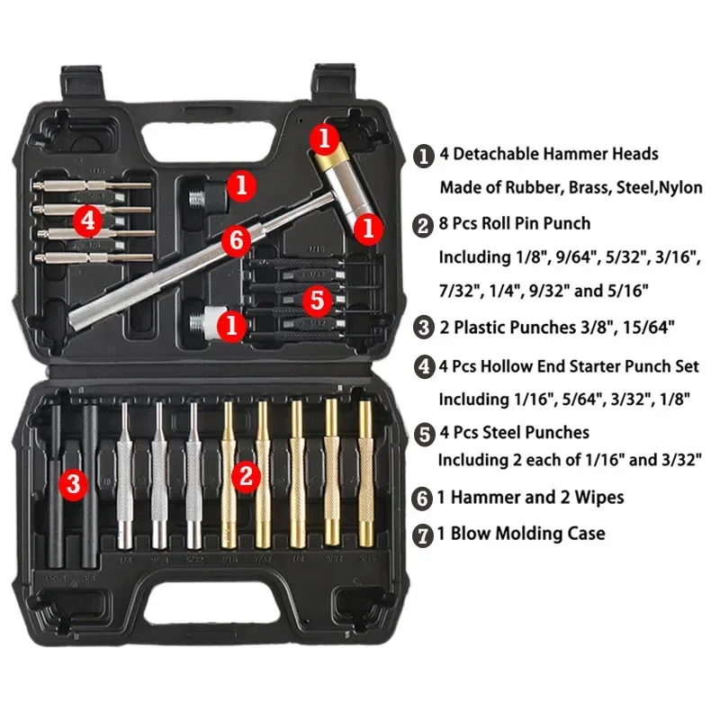 21Pcs Roll Pin Punch Set Dual-sided Brass Hammer Professional Gunsmithing Punch Tools Portable Hand Tools Kit Gun Maintenance