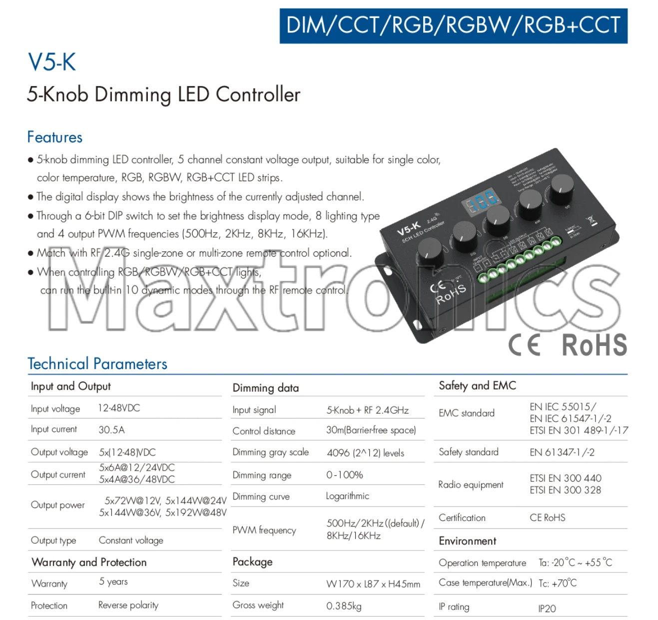 NEW Skydance 5-Knob Dimming LED Controller 12-48VDC Built-in10 Dynamic Modes for Single Color/CCT/RGB/RGBW/RGB+CCT LED Lights
