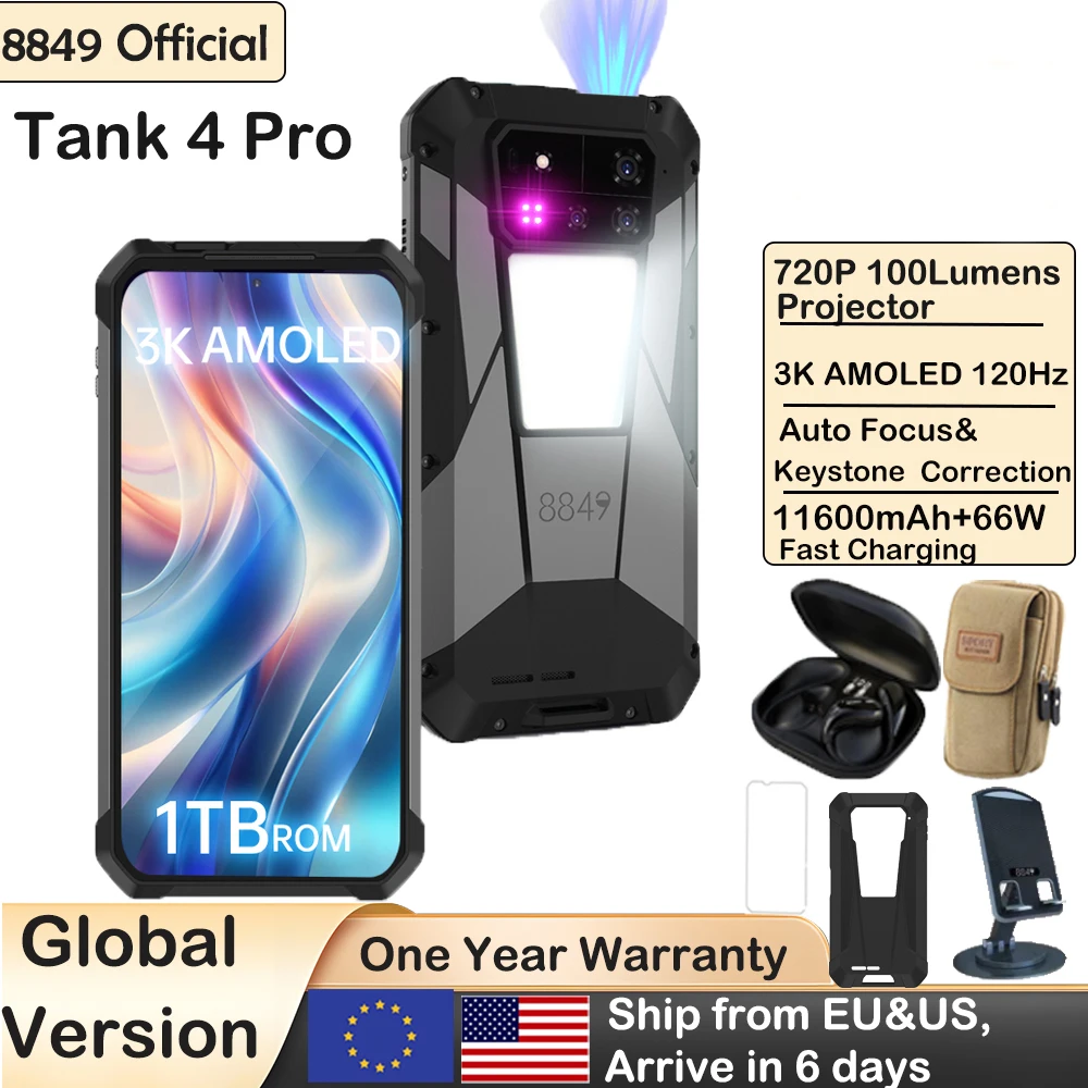 8849 Tank 4 Pro Unihertz 5G Ponsel Pintar Proyektor Kasar 1TB 36G Android 14 Ponsel Olahraga 11600MAh Dimensity8300 AMOLED 120HZ