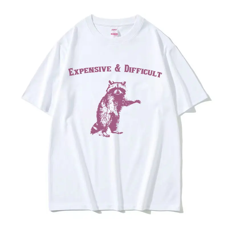 Expensive & Difficult Raccon Funny Meme T Shirt Men\'s Women Retro Harajuku Fashion T-shirts Casual 100% Cotton Oversized T-shirt