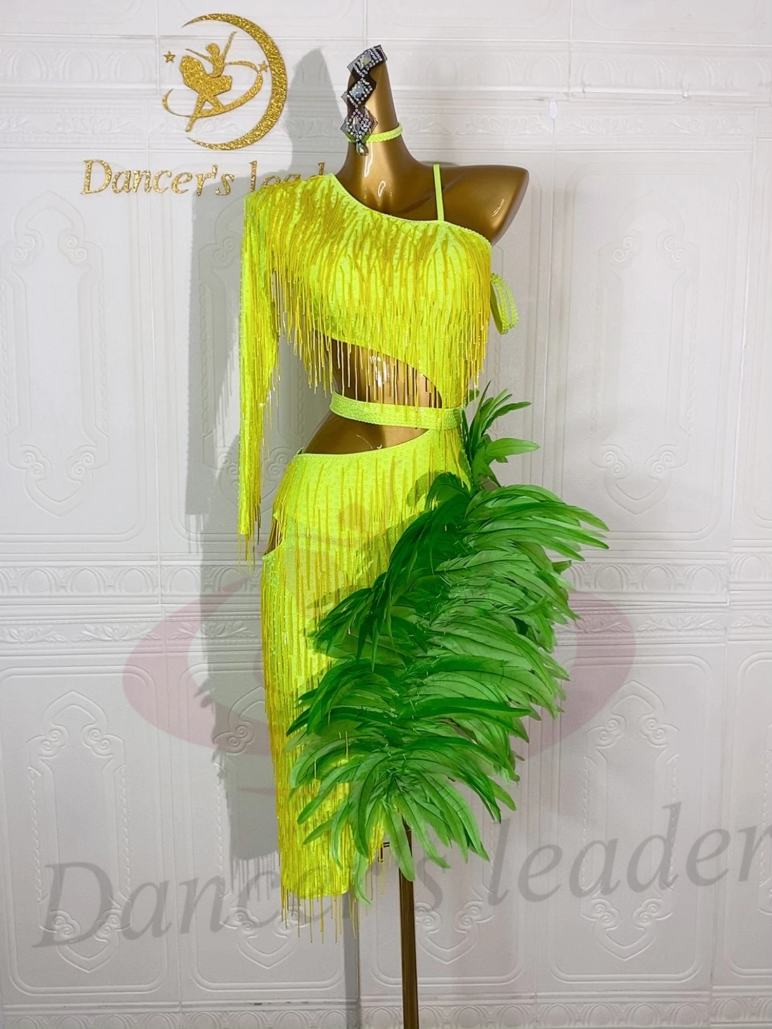 Latin Dancer Adult Children High-End Customized Large Feather Bead Tube Tassel Tango Samba AB Stone Performance Dress