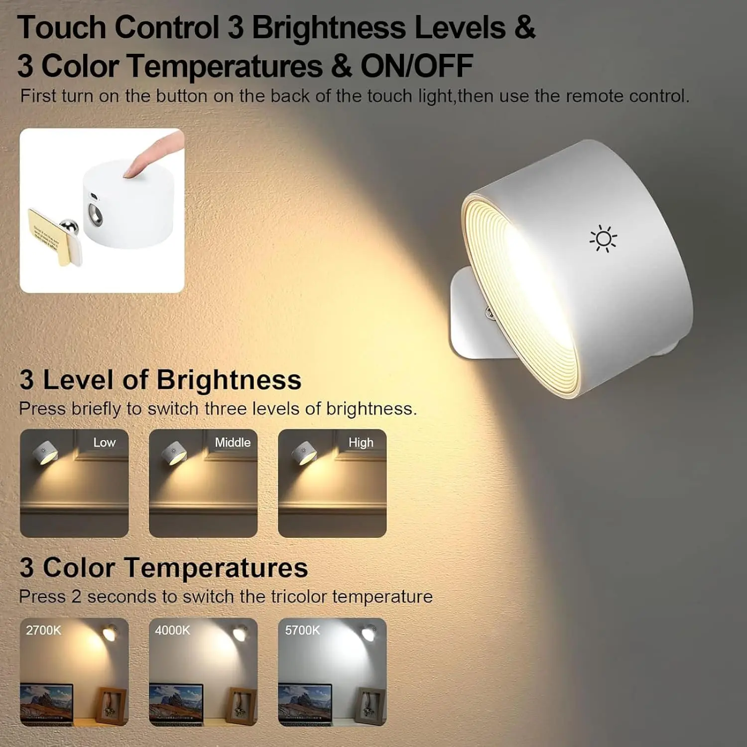 Licht Dimbare Wandlamp Met 3 Verlichting & Rgb & Ambiance-Modus, App & Touch Control, Draadloze