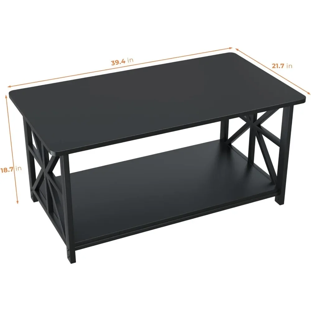 GreenForest-Table basse avec coin rond, table centrale de ferme avec étagère de rangement à 2 niveaux, conception à cadre en X pour salon, 39