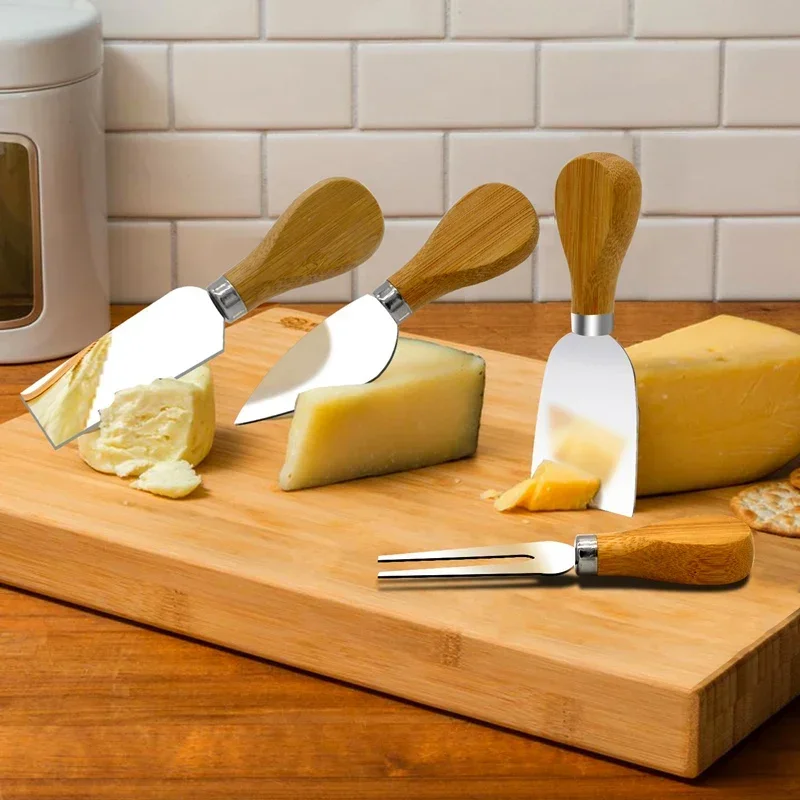 Juego de 4 cuchillos de queso, rebanador de acero inoxidable, cuchillo de mantequilla, espátula y cortador de tenedor, Mini cuchillo con mango de madera