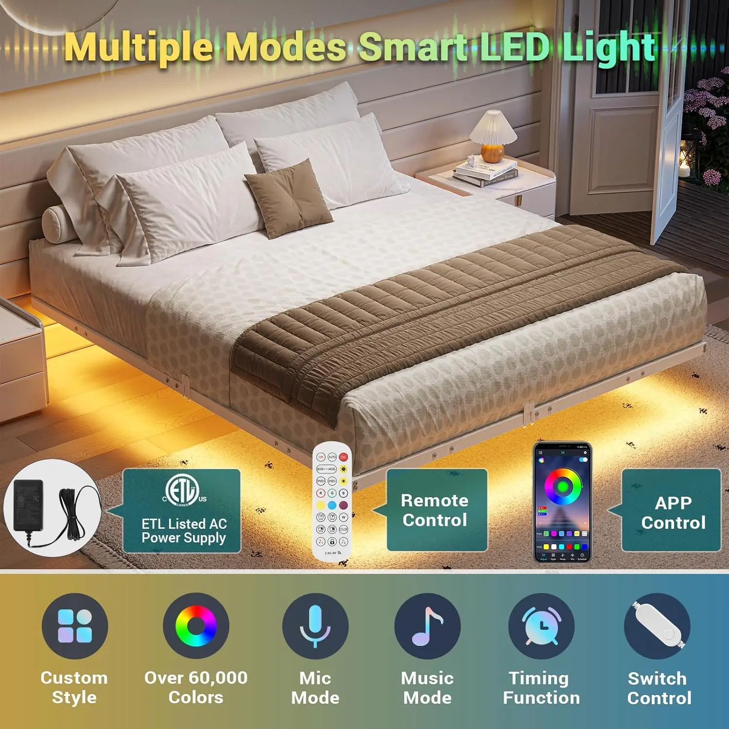 Estrutura de cama flutuante em tamanho real com luzes LED, cama completa com plataforma de metal, sem necessidade de molas, fácil de montar (completo)