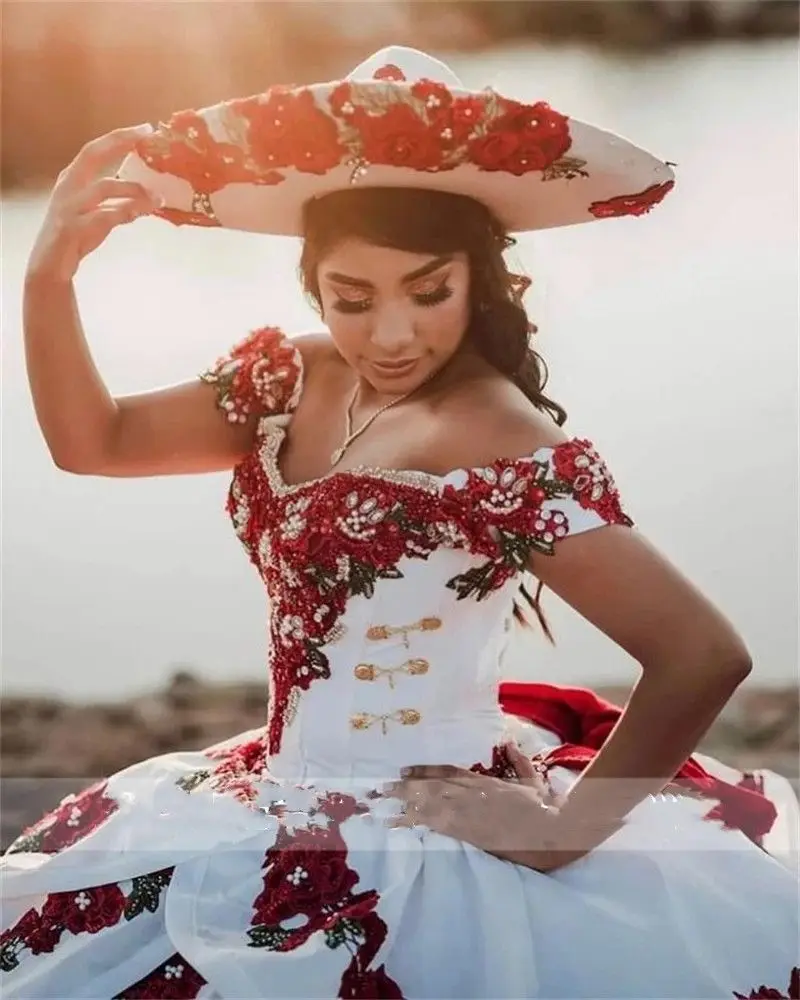 Customized Red White Embroidery Charro Quinceanera Dress 2024 Pearls Beads Mexico Corset Sweet 16 Vestidos De XV 15 Anos YQD429