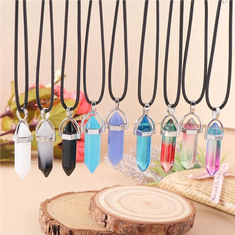 Natural Stone Necklace Quartz Opal Amethyst Pink Crystal Pendants Necklace for Women Girls Leather Chain Jewelry Gifts