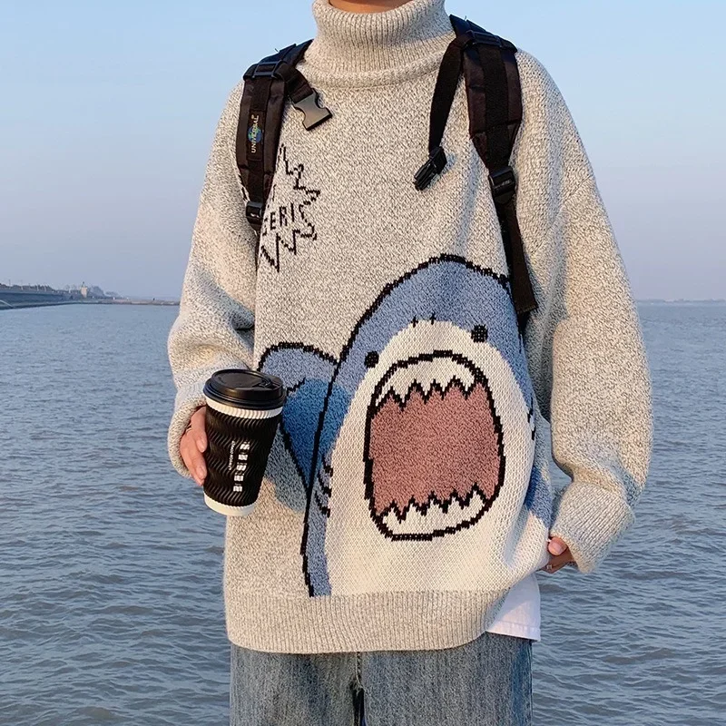 Homens gola alta tubarão camisola masculina inverno retalhos harajuku estilo coreano gola alta oversized cinza gola alta para homem grosso