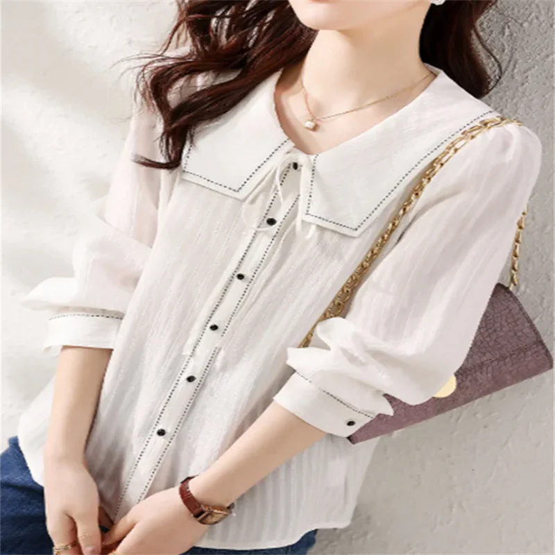 Naval Collar Blouses Women's White Shirts Lace Up Blous Cardigan Shirt For Women Long Sleeve Shirt Contrast Color Female Blouses