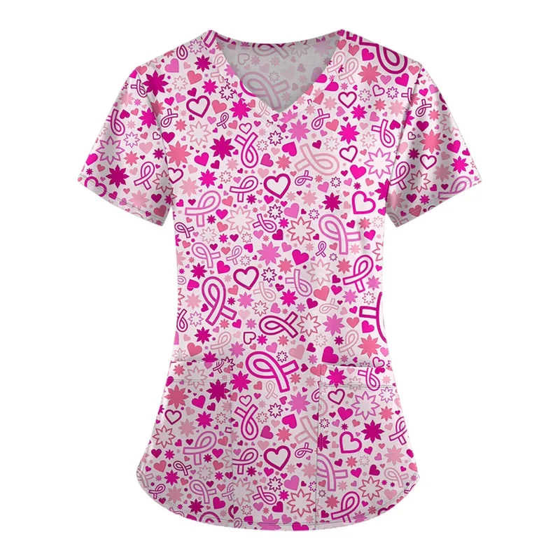 Damen-Krankenpflegehemd mit rosa Schleifendruck, kurzärmelig, VNurse-Uniform mit Taschen für klinische Arbeit. – Detail 4