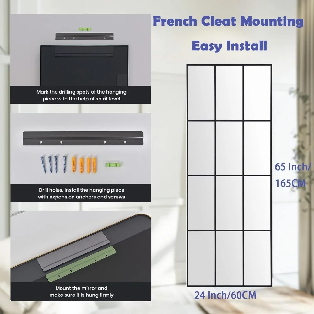 Full Length Art Pane Wall Mirror 65x24 for Farmhouse Decor - Leaning or Hanging, Ideal for Bedroom and Living Room