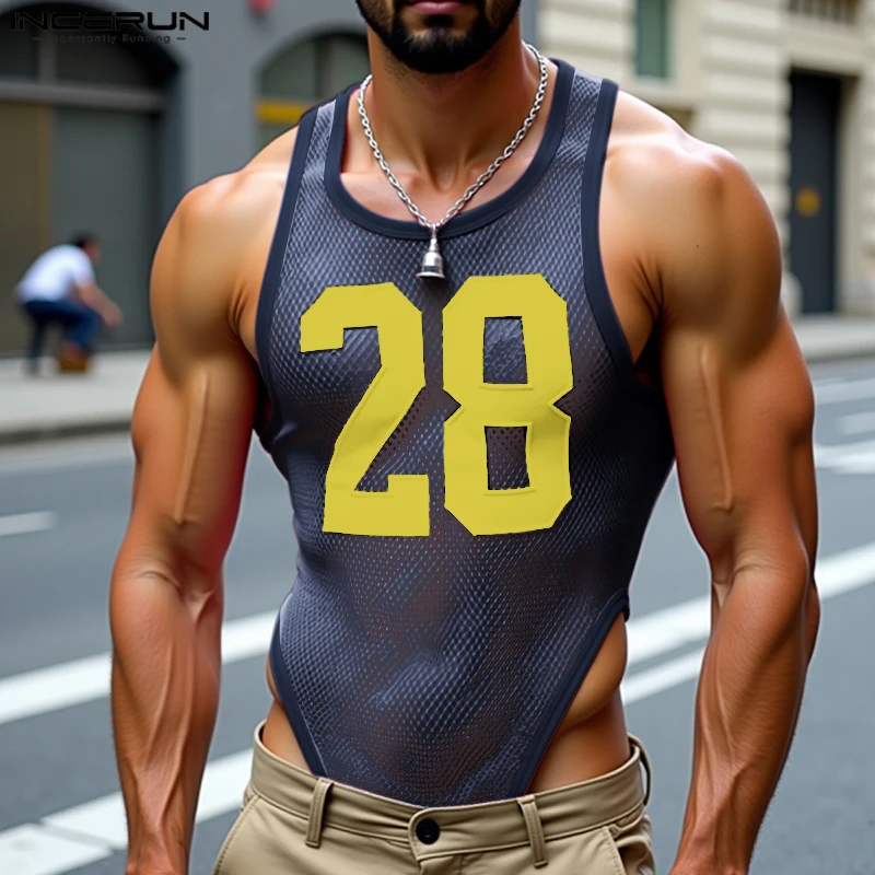 

INCERUN Men Bodysuits Patchwork Mesh See Through O-neck Sleeveless Male Rompers Playsuits Sexy 2025 Fashion Bodysuit Men S-3XL