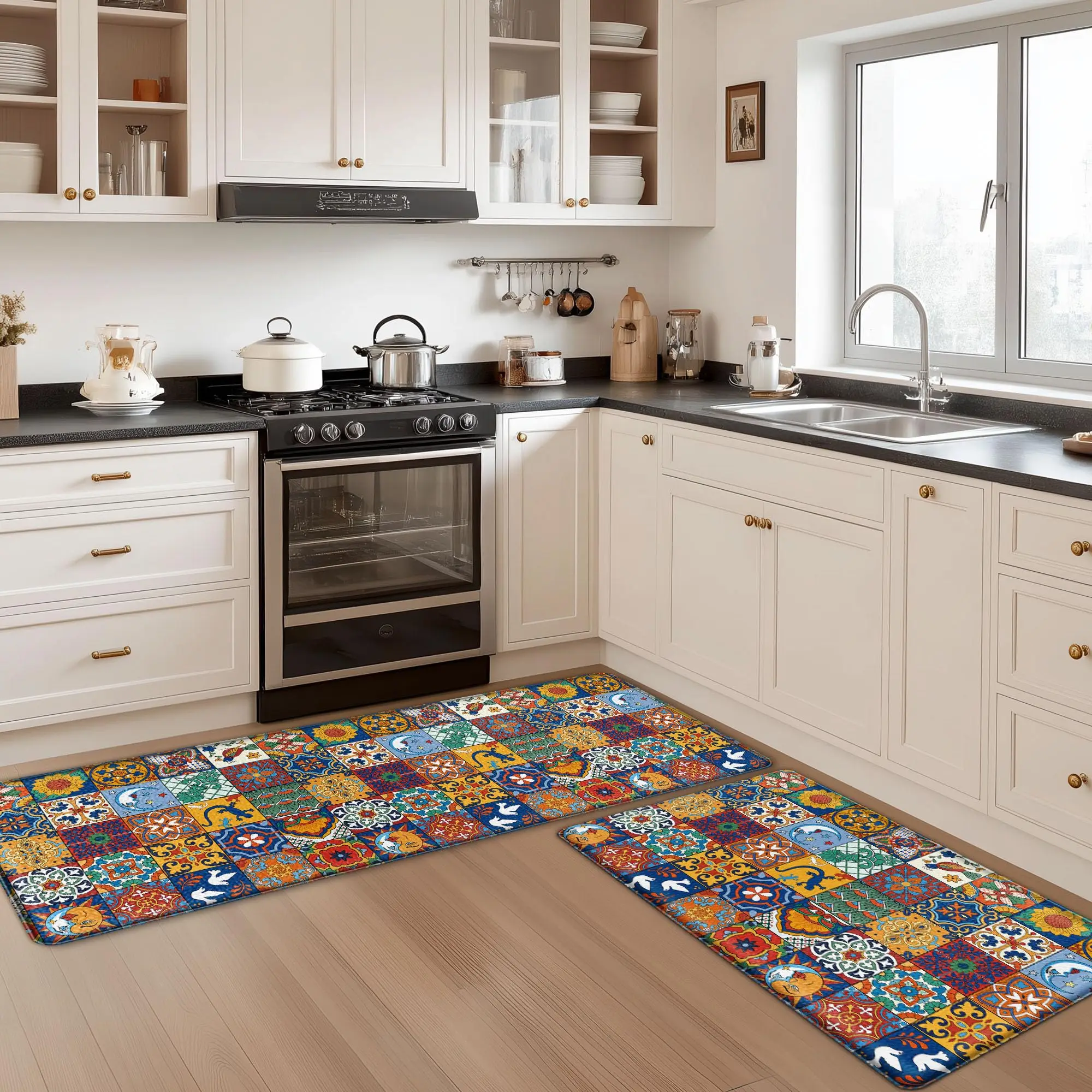 VIKAMA 2PCS Boho Kitchen Hallway Runner Rug Colorful Area Rugs Non-Skid Waterproof Floor Mat for Laundry Room Home Decoration