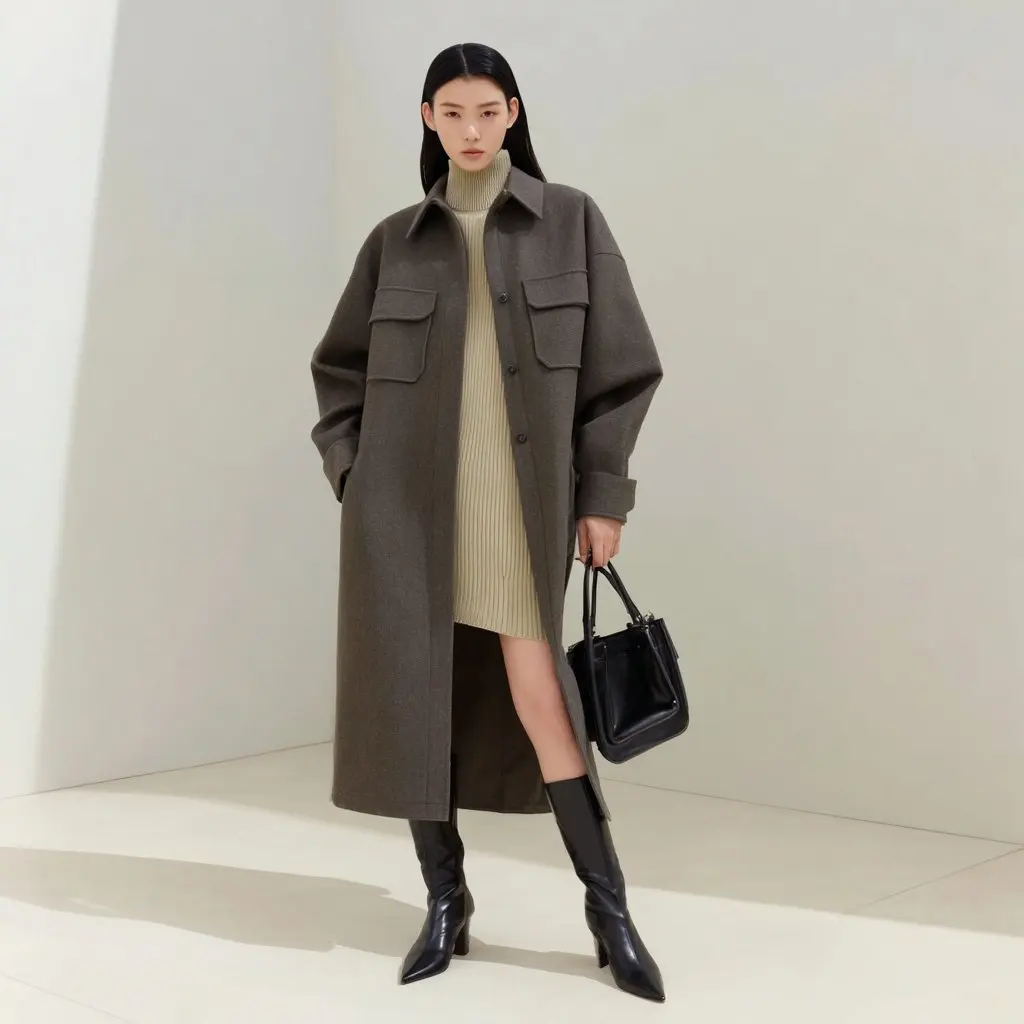 

Casual Woolen Coat for Autumn Winter Season Fashionable Women's Outerwear Comfortable Fit Style No Decoration