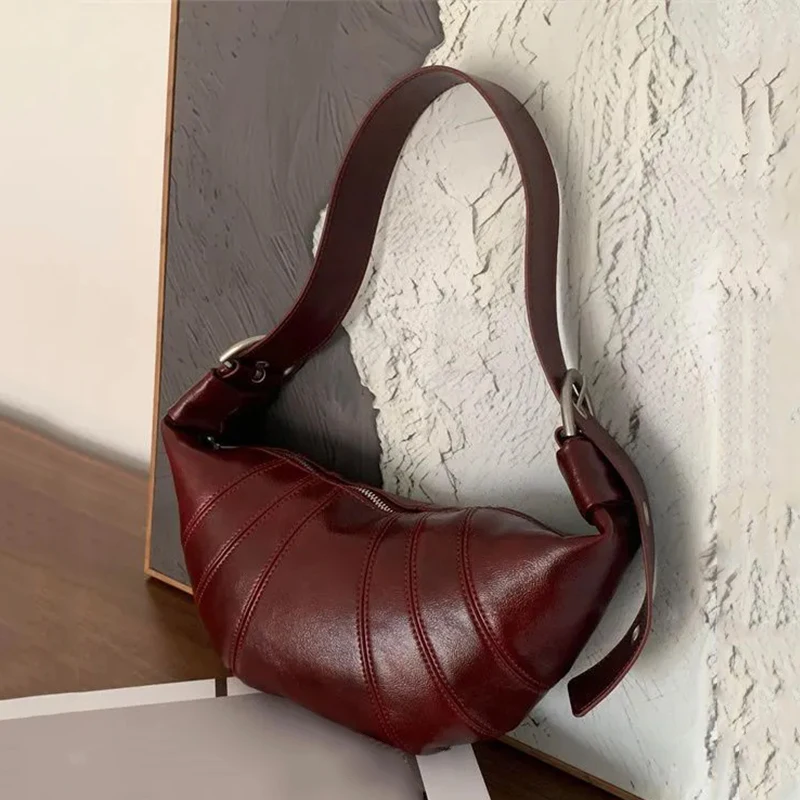 Burgundy Croissant Shoulder Bags For Women Vintage Solid Color Crescent Cross Body Bag Brand New Luxury Designer Handbags