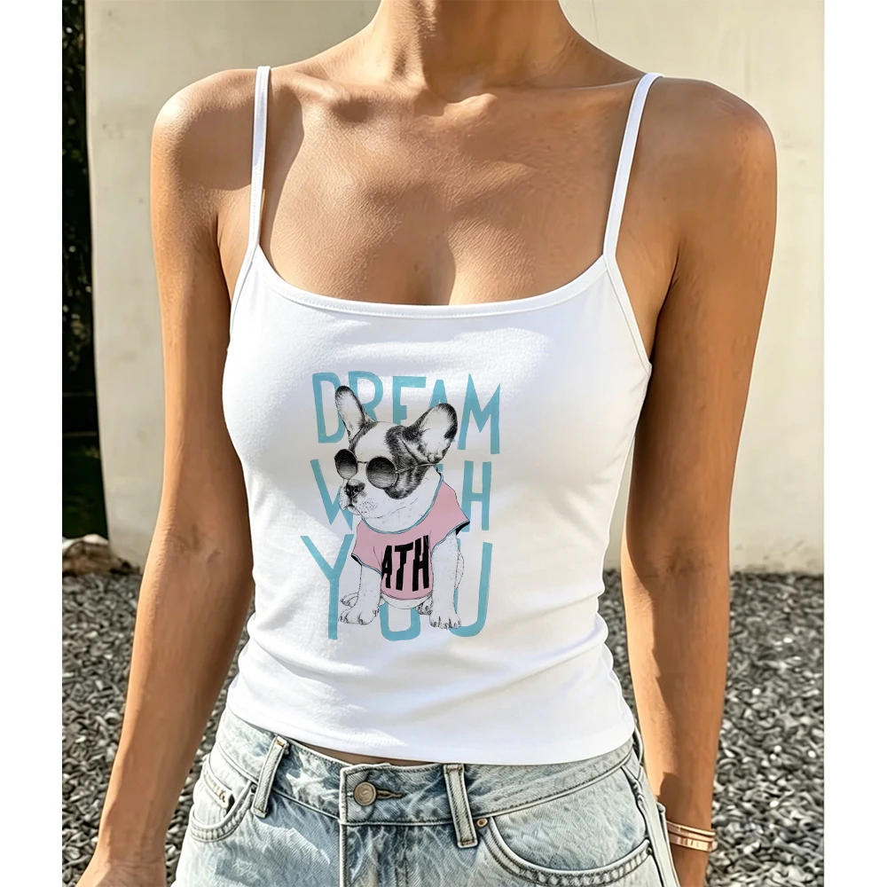 Funny Pet Portrait Camisole Women Summer Tank Top French Bulldog Motif Sleeveless Vest for Walking Park Cute Fashion