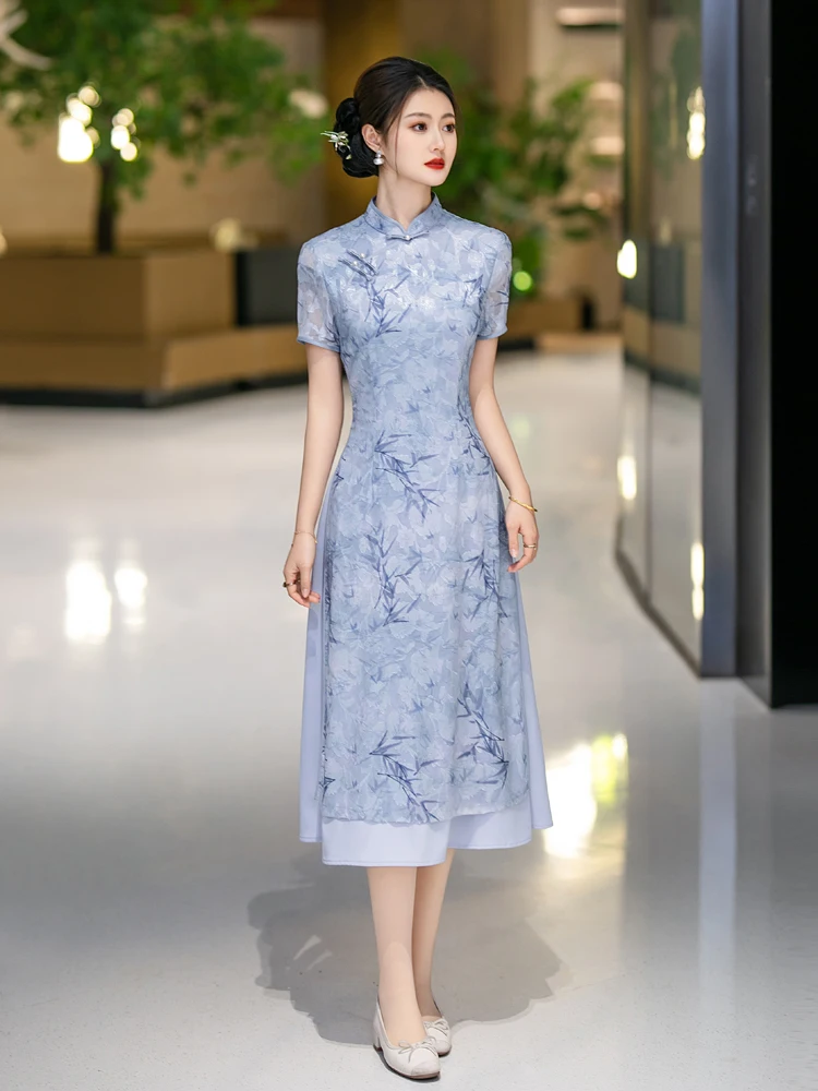 

Элегантное молодежное платье для женщин среднего возраста: повседневное платье-ципао средней длины в китайском стиле для весны и лета