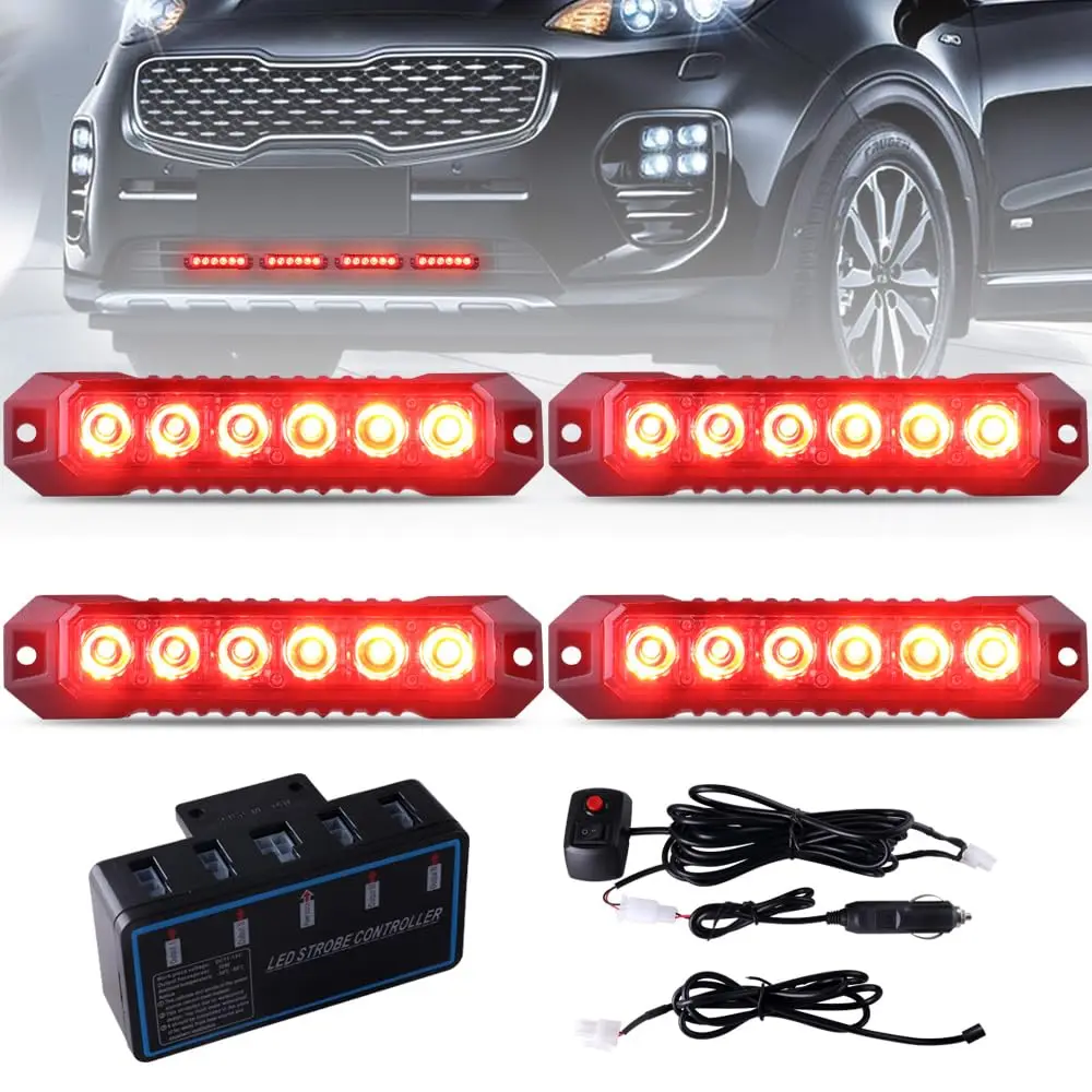 4PCS 6-LED Emergency Flashing Strobe Warning Tools Grille Lights for 12-24V Cars Trucks Vehicle Universal Hazard Signal Lamp