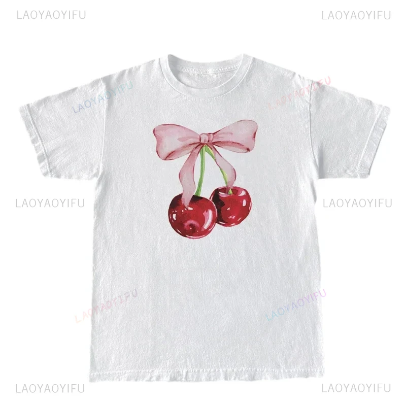 Sweet Cherry Bow Printed T-shirt Summer Cotton Women's Fashion T-shirt White Simple and Versatile Round Neck Women T-shirt Top